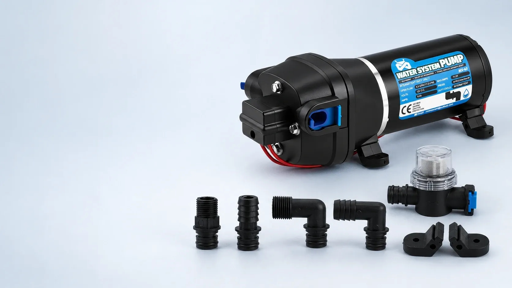 SURGEFLO FL-44 24 V DC diaphragm pump on a light background.