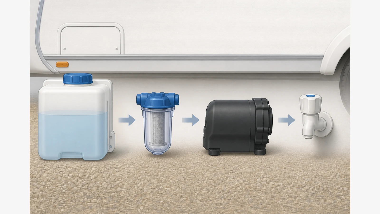 Caravan water system checks when a 12V pump runs but no water reaches the tap