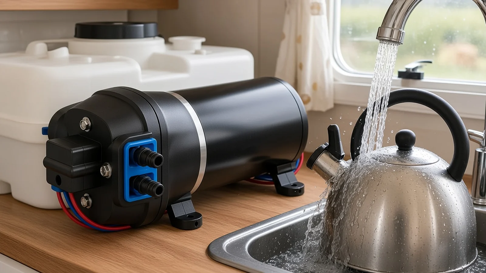 SURGEFLO FL-44 24 V DC pump filling a UK caravan tap at 17 L/min