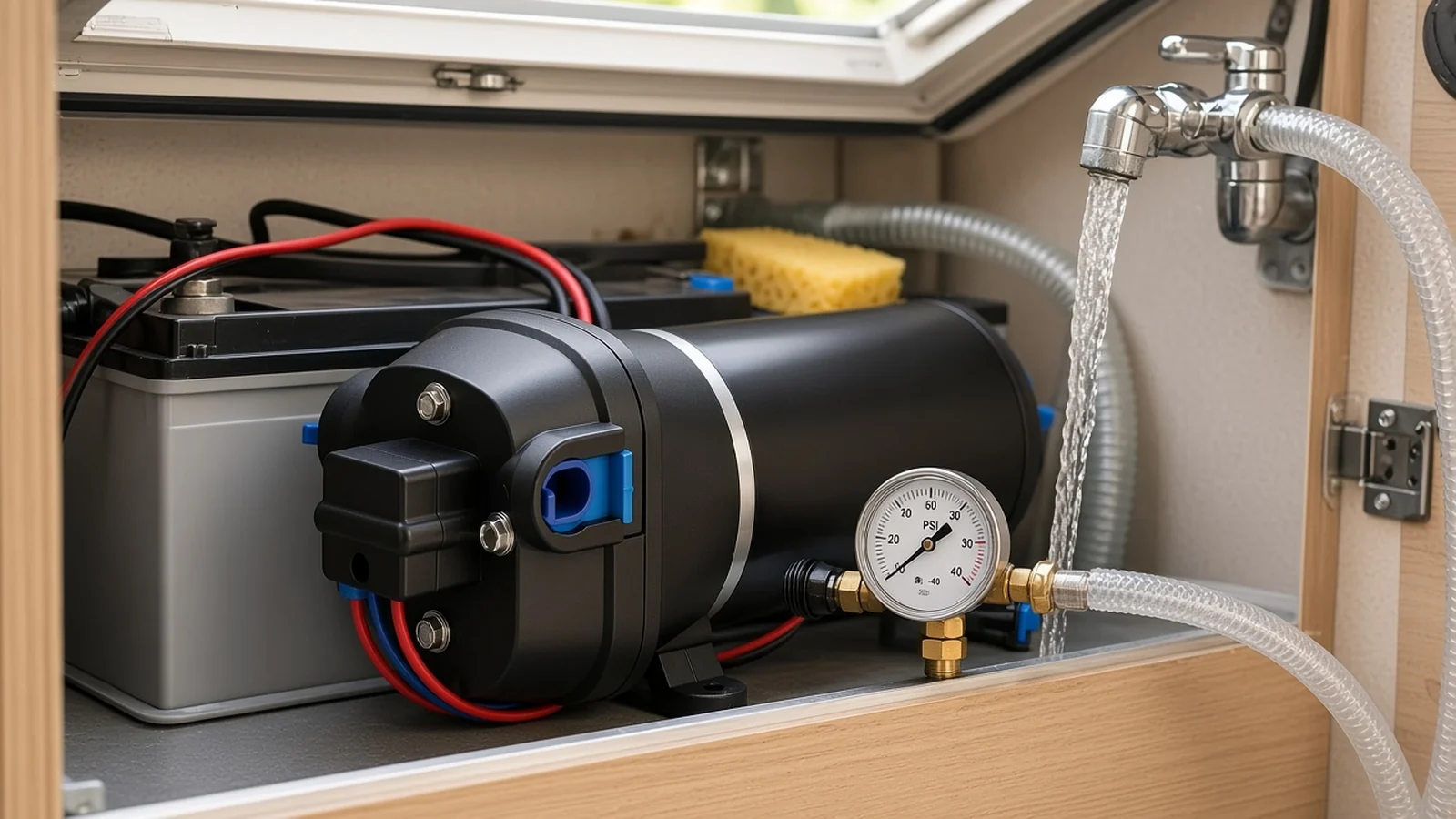 SURGEFLO FL-44 24 V DC pump holding 40 PSI on a UK caravan tap