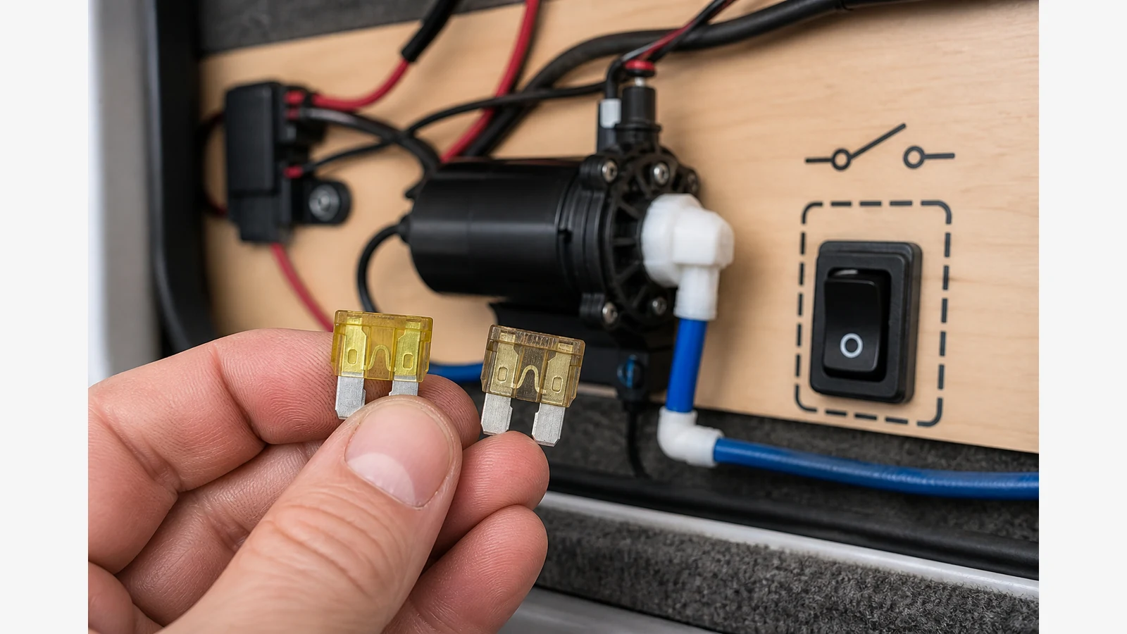 Blown caravan water pump fuse beside an isolate-power safety checklist