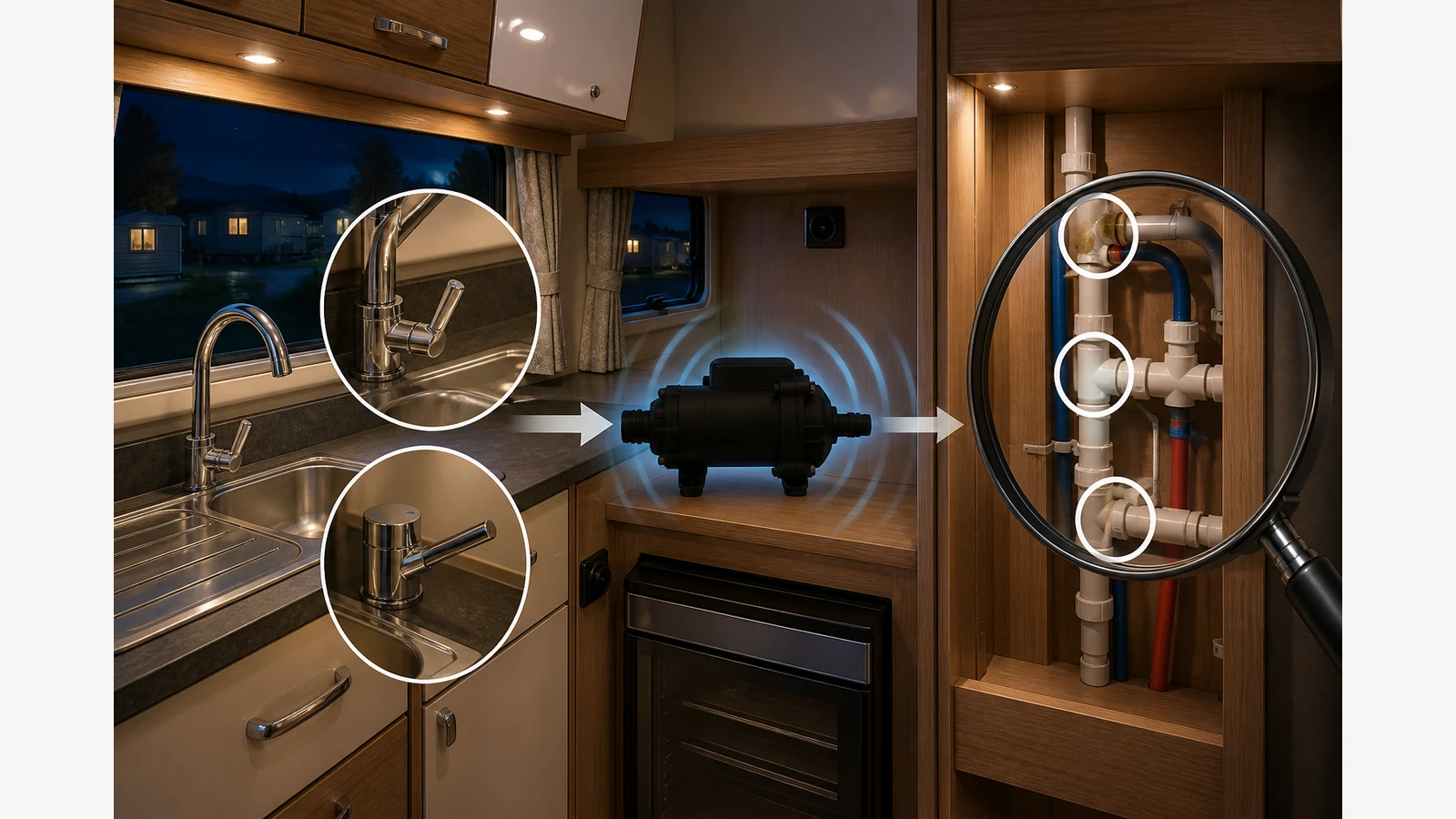 Closed caravan taps with a water pump cycling and accessible joints ready for inspection