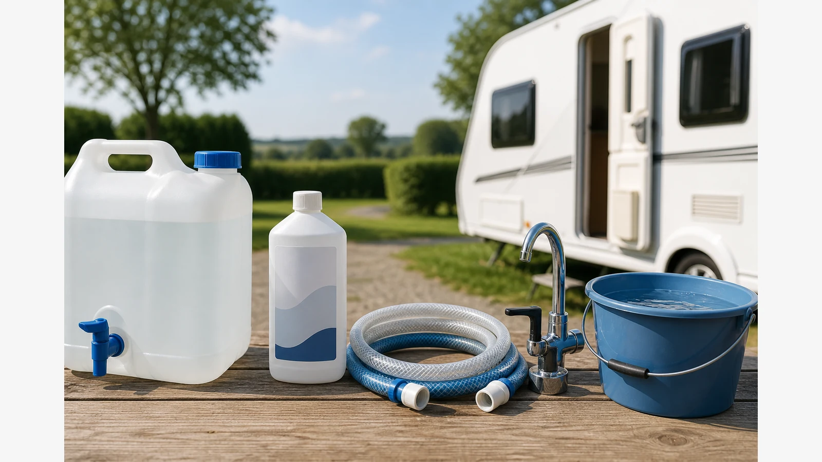 Caravan fresh water system sanitising sequence with a suitable steriliser and clean-water flush
