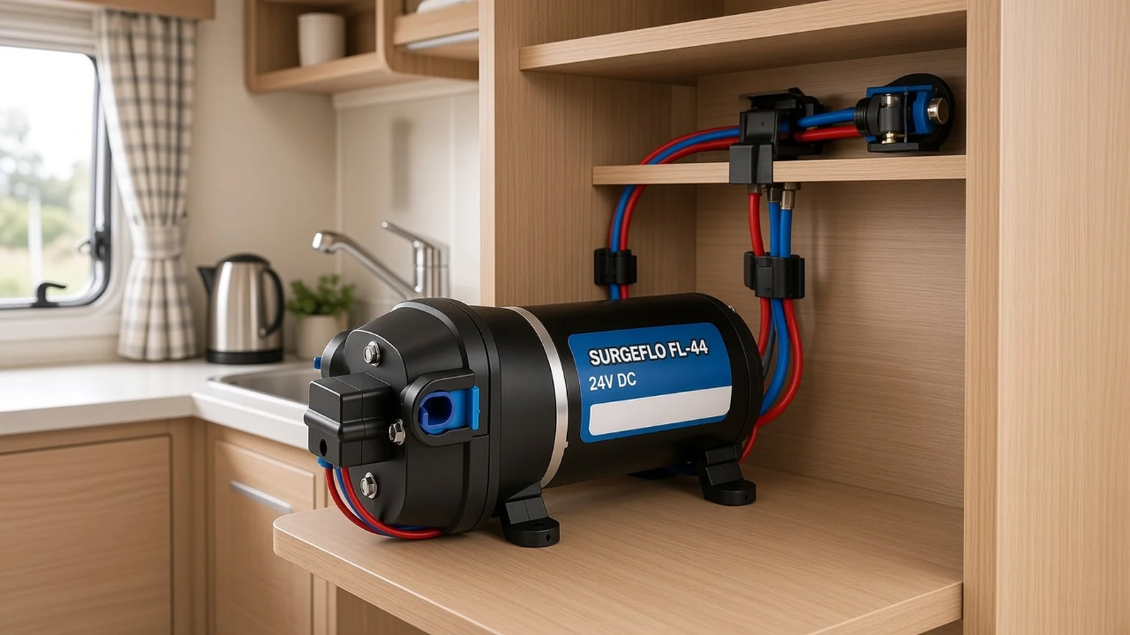 SURGEFLO FL-44 24 V DC caravan water pressure pump in a UK cupboard